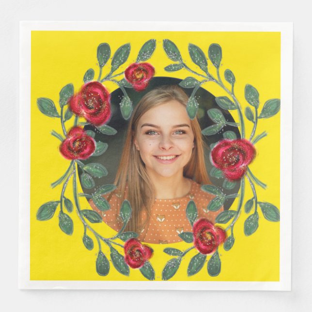 Beauty and the Beast Red Roses Photo on Yellow Napkin (Front)
