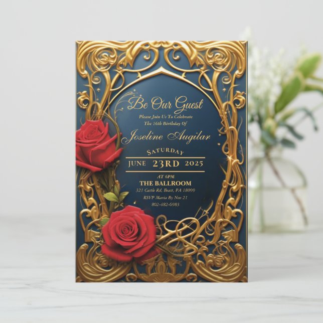 Beauty and the Beast Rose Sweet 16 Invitation (Standing Front)