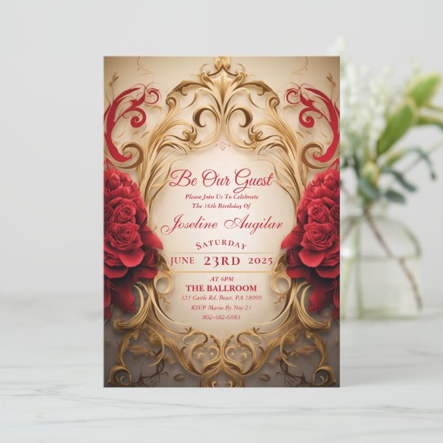 Beauty and the Beast Rose Sweet 16 Invitation (Standing Front)
