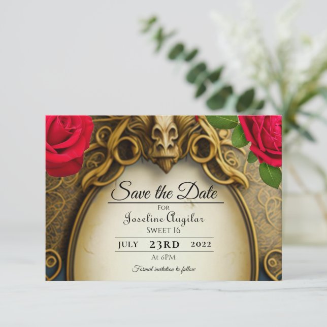 Beauty and the Beast Sweet 16 Save the date (Standing Front)