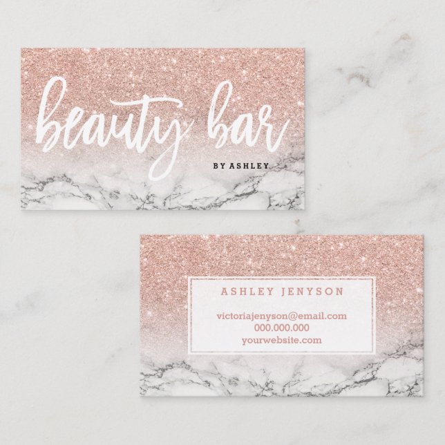 Beauty bar typography rose gold glitter marble business card (Front/Back)