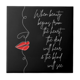 Beauty begins from the heart Red Lip Line Art  Ceramic Tile