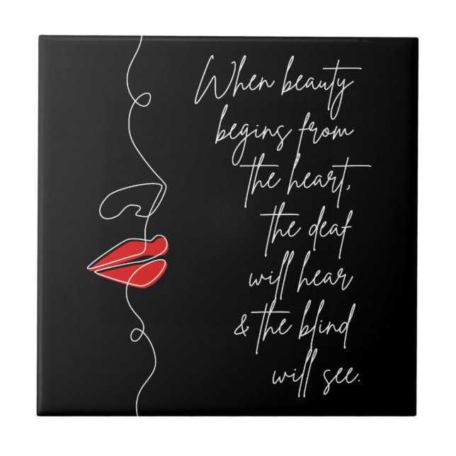 Beauty begins from the heart Red Lip Line Art  Ceramic Tile (Front)
