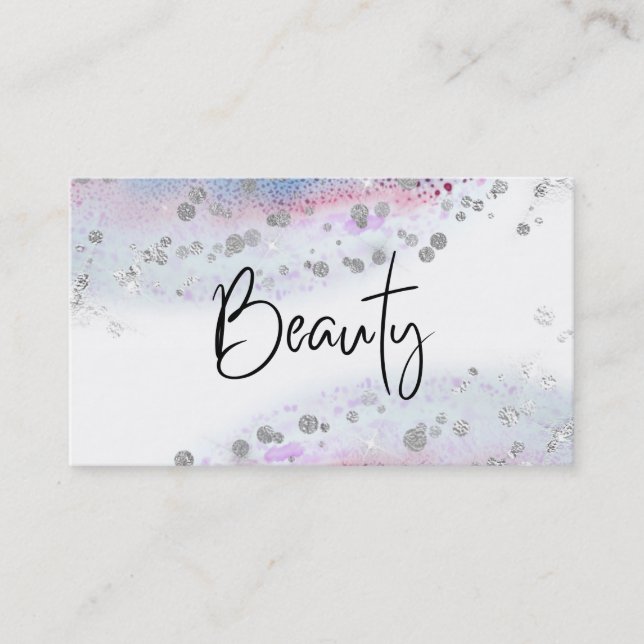 *~* BEAUTY   Blue Pastel Watercolor Silver Glitter Business Card (Front)