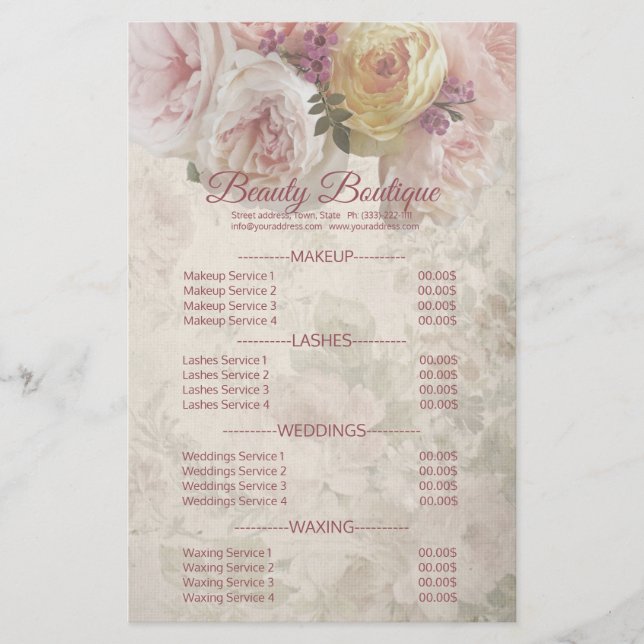 Beauty Boutique Cream Flower Price List Flyer (Front)