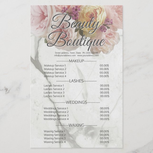 Beauty Boutique Marble Flower Price List Flyer (Front)