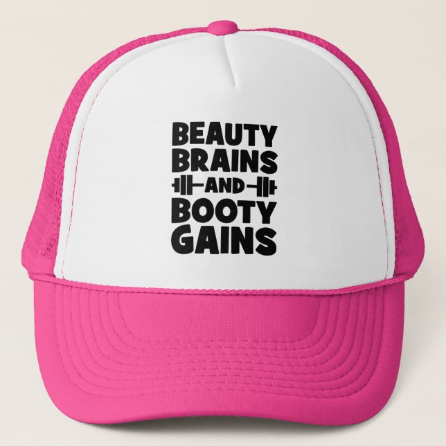 Beauty, Brains, Booty Gains - Women's Novelty Gym Trucker Hat (Front)