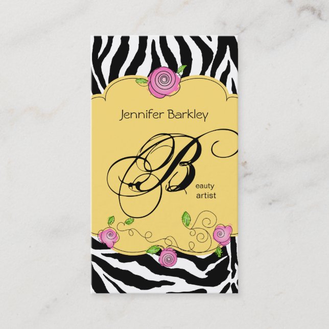 Beauty Business Card Zebra Rose Salon Pink Yellow (Front)