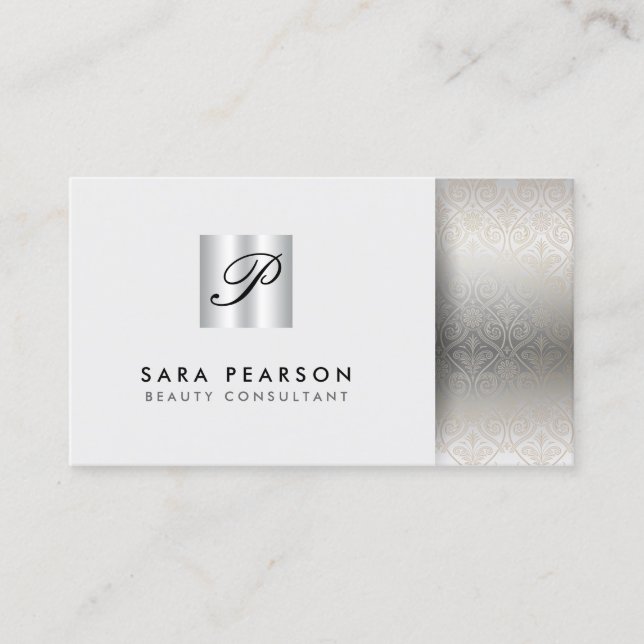 Beauty Consultant Elegant Silver Monogram Damask Business Card (Front)