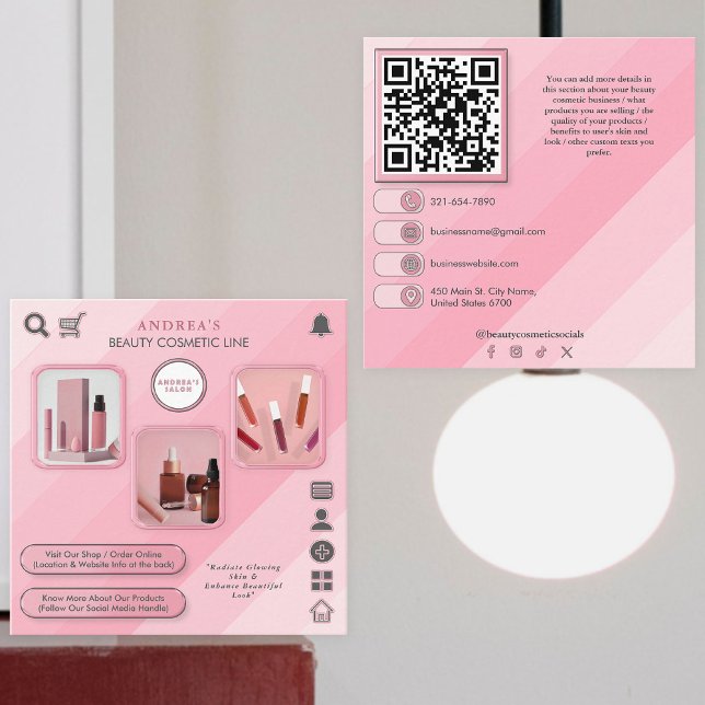 Beauty Cosmetic Skin Care Add Photos QR Code Pink Square Business Card (Creator Uploaded)