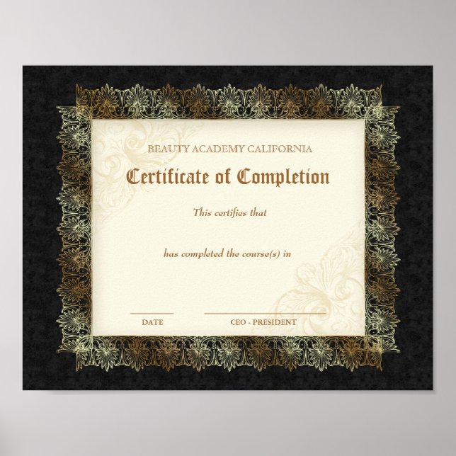 Beauty Diploma Certificate of Completion Black Poster (Front)