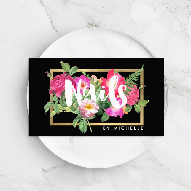 Beauty Florals Nail Salon Black Business Card (Creator Uploaded)