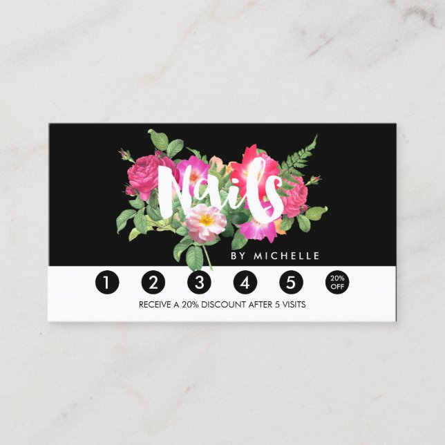 Beauty Florals Nail Salon Black Loyalty Card (Front)
