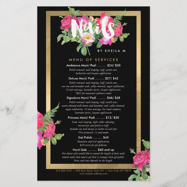 Beauty Florals Nail Salon Price List Service Menu (Front)