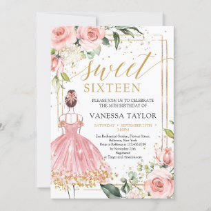 Beauty girl dress blush floral gold sweet sixteen invitation