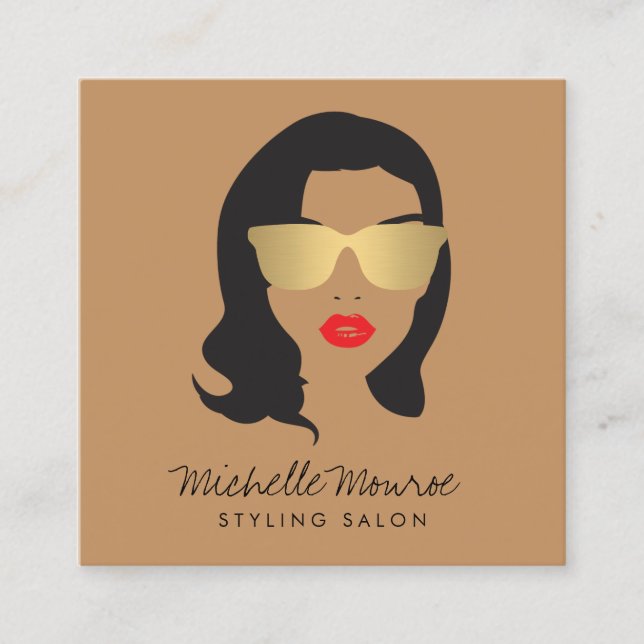 Beauty Girl Hair Stylist, Fashion, Boutique Tan Square Business Card (Front)