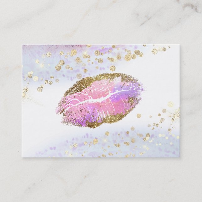 *~* Beauty Gold Pastel Glitter Pink Lips Makeup Business Card (Front)