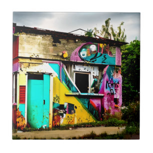 Beauty in Destruction  Colorful Graffiti Abandoned Ceramic Tile