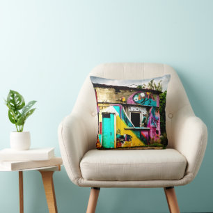 Beauty in Destruction  Colourful Graffiti Abandone Cushion