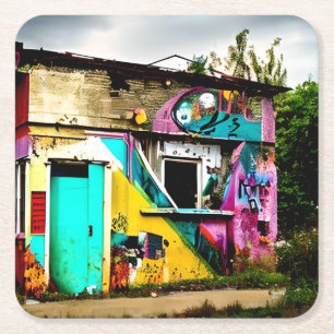 Beauty in Destruction Colourful Graffiti Abandone Square Paper Coaster