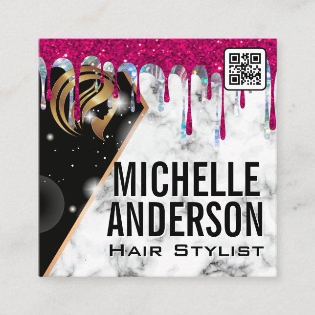 Beauty Logo | QR Code | Marble Glitter Drip Square Business Card (Front)