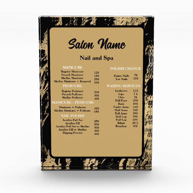 Beauty Nail Salon Price List menu gold Marble Photo Block (Front)