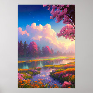 Beauty of the Old River and Colourful Flora Poster