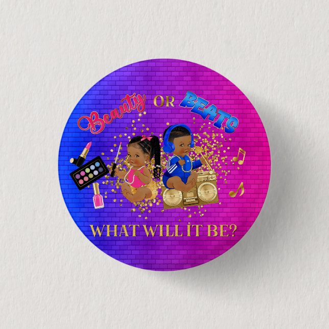 Beauty or Beats Blue Hot Pink Gold Gender Reveal 3 Cm Round Badge (Front)