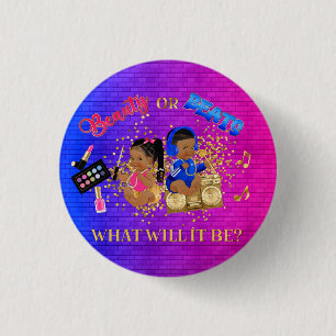 Beauty or Beats Blue Hot Pink Gold Gender Reveal 3 Cm Round Badge