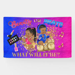 Beauty or Beats Blue Hot Pink Gold Gender Reveal Banner