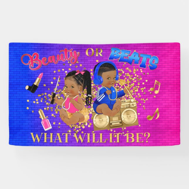 Beauty or Beats Blue Hot Pink Gold Gender Reveal Banner (Horizontal)