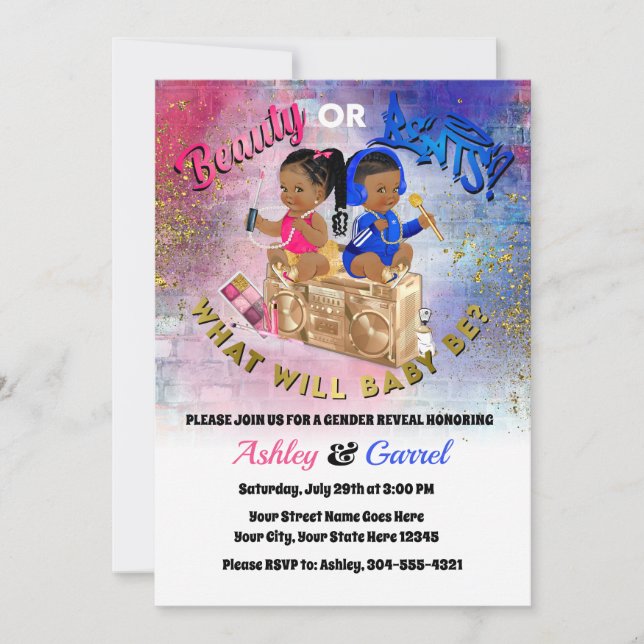 Beauty or Beats Invitation! Gender Reveal! Invitation (Front)