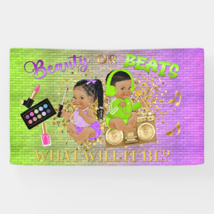 Beauty or Beats Purple Green Gold Gender Reveal Banner