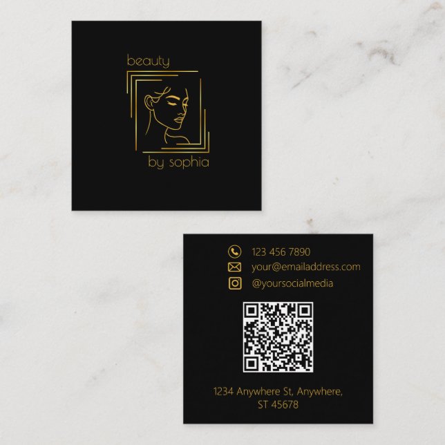 Beauty Parlour | Hair Salon | Black & Gold Square Business Card (Front/Back)