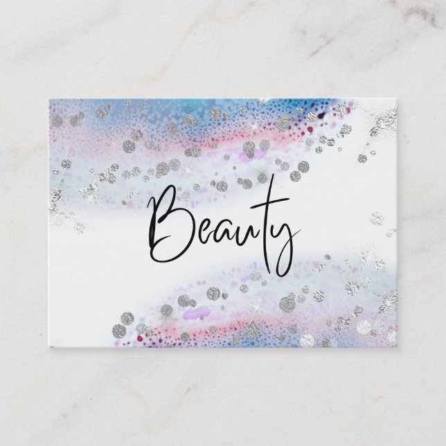 *~* BEAUTY - Pastel Blue Watercolor Silver Glitter Business Card (Front)