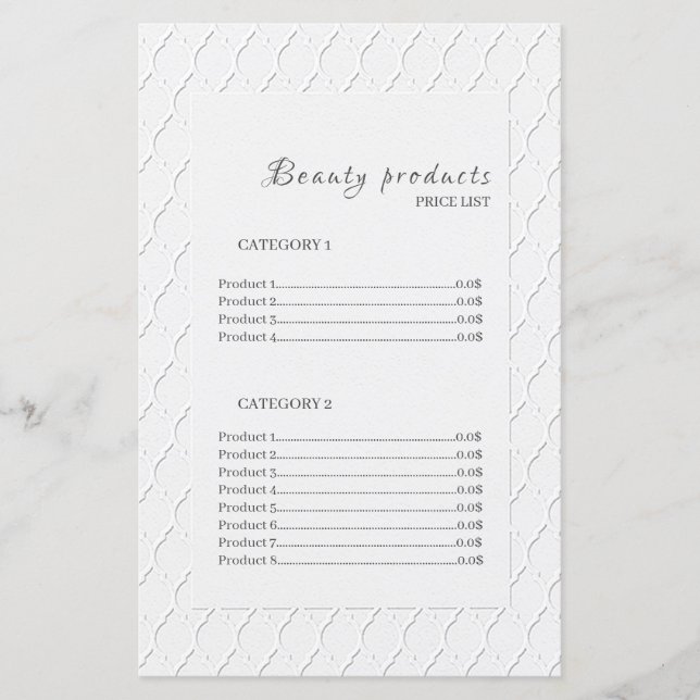 Beauty Products Elegant Frame Price List (Front)