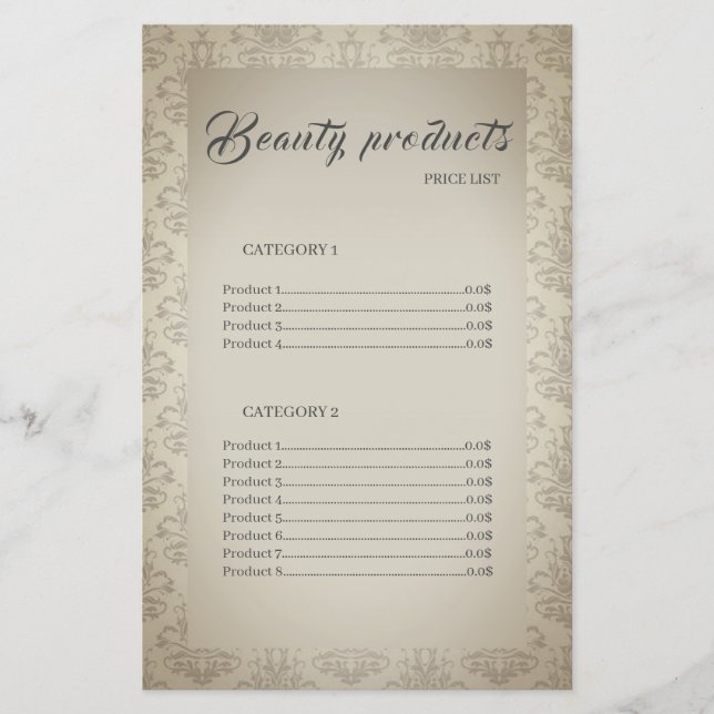 Beauty Products Elegant Frame Price List (Front)