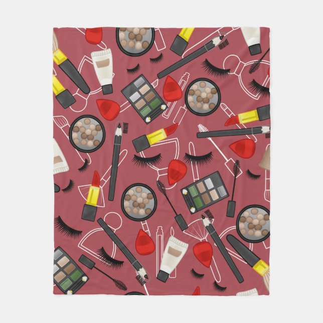 Beauty products pattern on a red backgroundapplica fleece blanket (Front)
