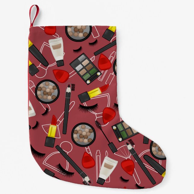 Beauty products pattern on a red backgroundapplica small christmas stocking (Front)