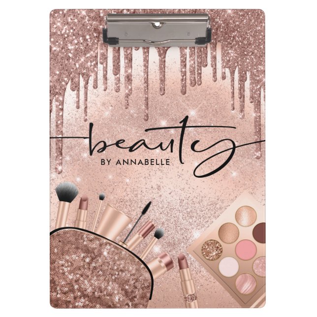 Beauty Rose Gold Glitter Cosmetics  Clipboard (Front)