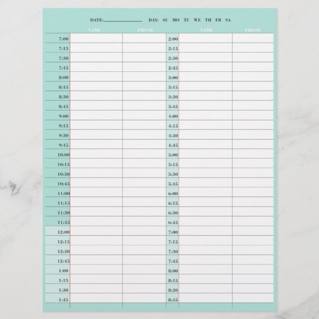 Beauty salon 1-day appointment book pages custom letterhead (Front)