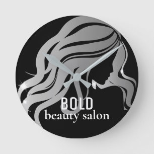 Beauty Salon Business Name Metallic Silver + Black Round Clock