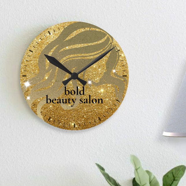 Beauty Salon Custom Name Gold Metallic and Glitter Round Clock (Creator Uploaded)