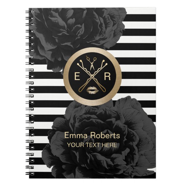 Beauty Salon Elegant Black Floral Modern Stripes Notebook (Front)