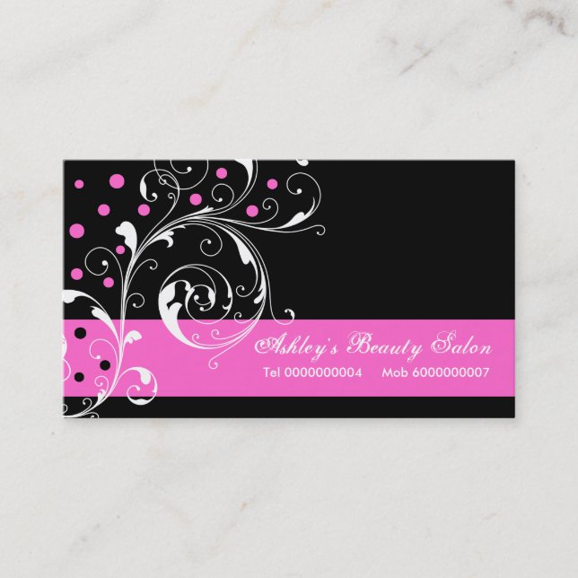Beauty Salon floral scroll leaf black, hot pink Business Card (Front)