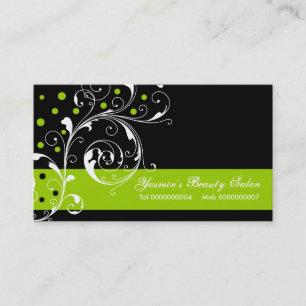 Beauty Salon floral scroll leaf black, lime green Business Card