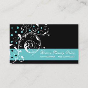 Beauty Salon floral scroll leaf black, turquoise Business Card