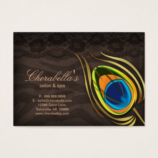 Beauty Salon Gift Card Peacock Feather Brown Suede (Front)