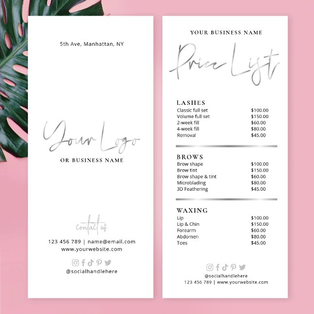 Beauty Salon Glam Silver Logo Trendy Price List Rack Card (Creator Uploaded)
