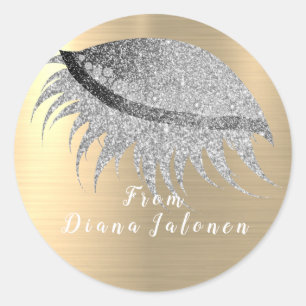 Beauty Salon Glitter Pink Lash Metal Silver Classic Round Sticker